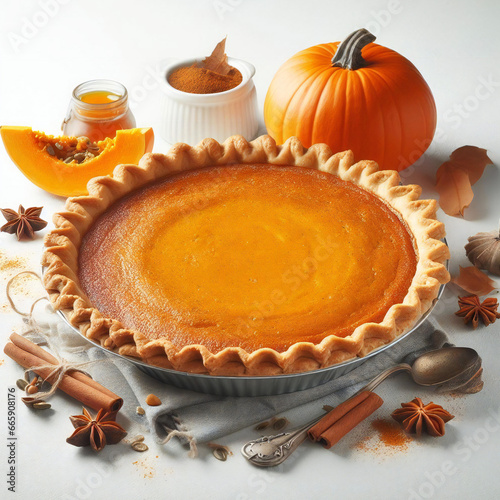 Golden delight with freshly baked pumpkin pie on white background