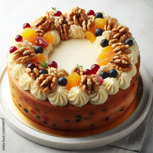 Delicious circle shape fruitcake with cream cheese frosting