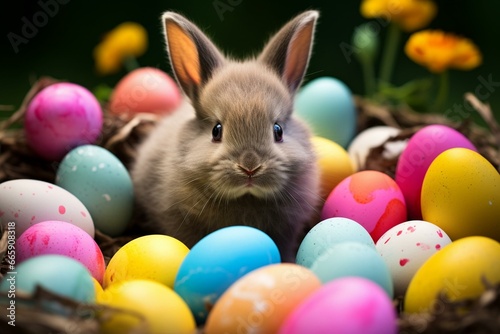 Image of Easter bunny and eggs. Generative AI
