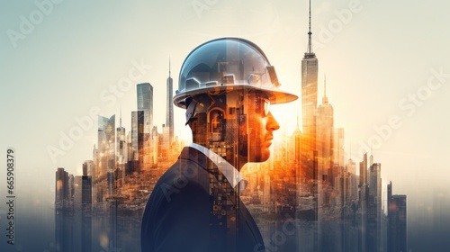 Construction engineer looking at blueprints and working cranes on building site
