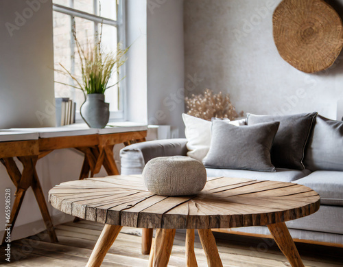Rustic round wood table near sofa with grey pillows. Scandinavian home interior design of modern living room