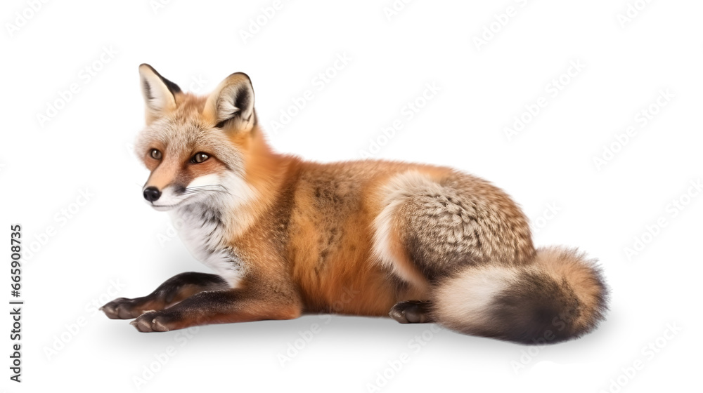 Side view of a Red fox with sitting pose, isolated on transparent background.