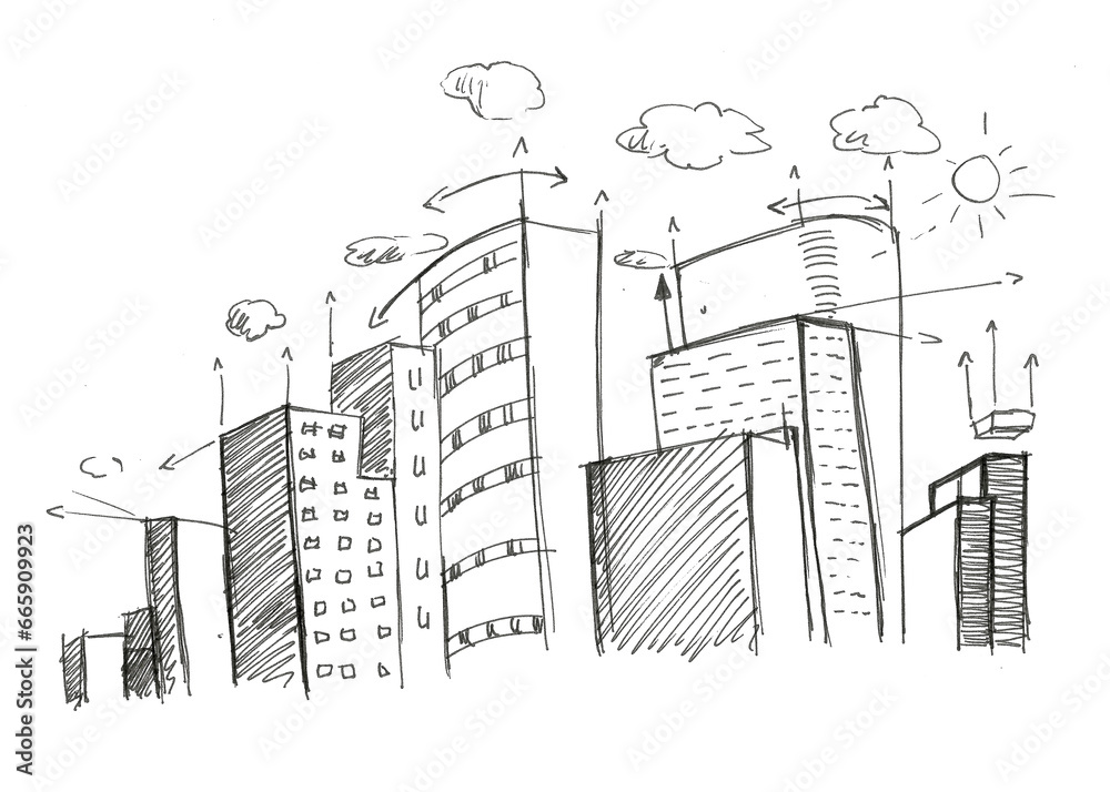 Digital png illustration of sketch with buildings on transparent background