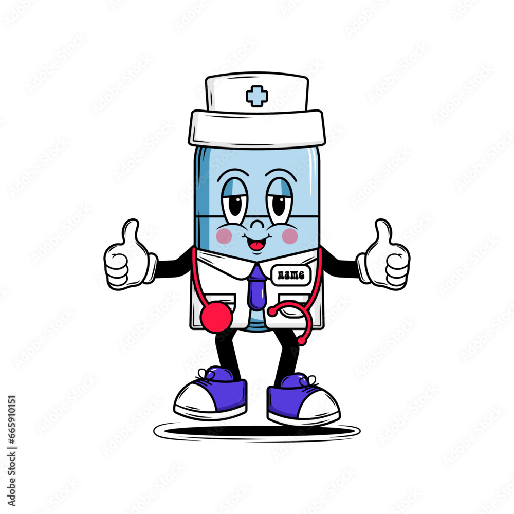 Medical pill character doctor with face smile in groovy style. Blue colors. For design of medical premises, children's medical books, covers, booklets, leaflets, web, app. Vector