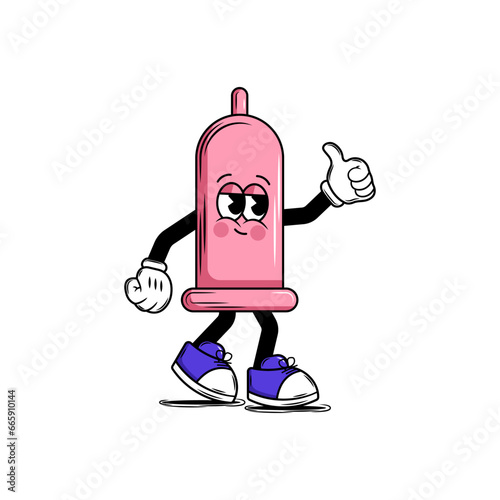 Medical condom character with face smile in groovy style. For design of medical premises, children's medical books, covers, booklets, leaflets, web, app. Vector