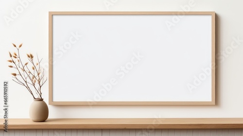 Blank picture frame mockup on white wall, horizontal artwork template.