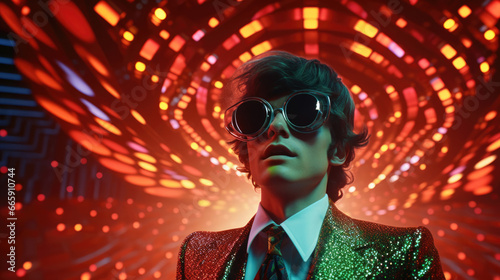 Fashion retro futuristic boy in surrealistic 60s-70s disco club culture life style photo