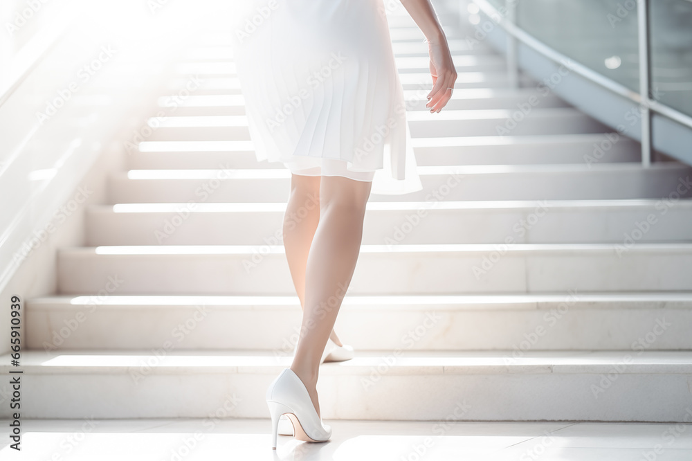 光に向かって階段を登る女性 光に向かって階段を登る女性