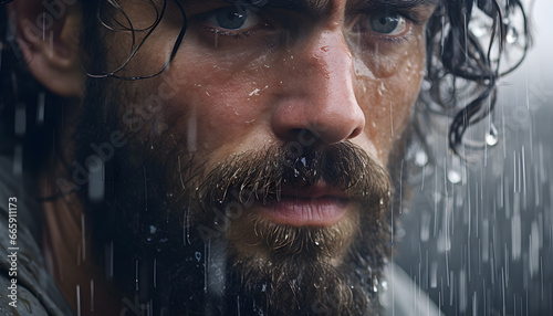 Man with a beard in the rain with a dramatic expression in his face 