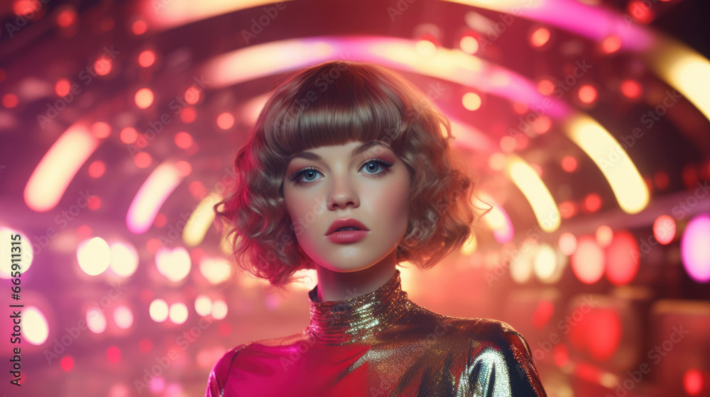 Fashion retro futuristic girl in surrealistic 60s70s disco club