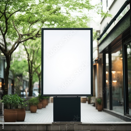 Blank mock up of store showcase and add advertisement window with greenery tree background.