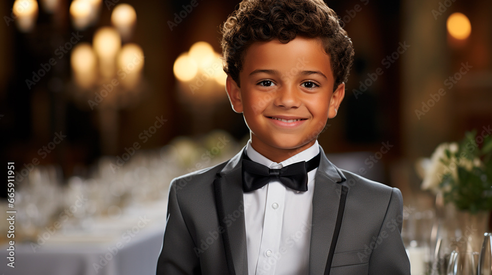 niño latino con un traje y un moño, en un evento social Stock Photo ...