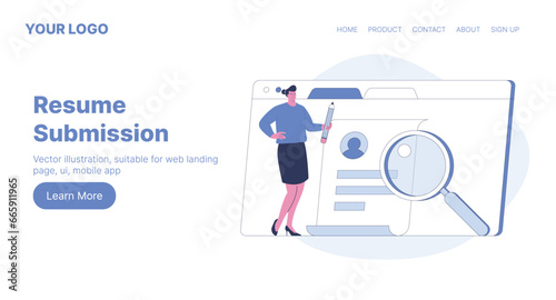 Resume Submission. Web Landing Page Design. Flat Cartoon Vector Illustration.