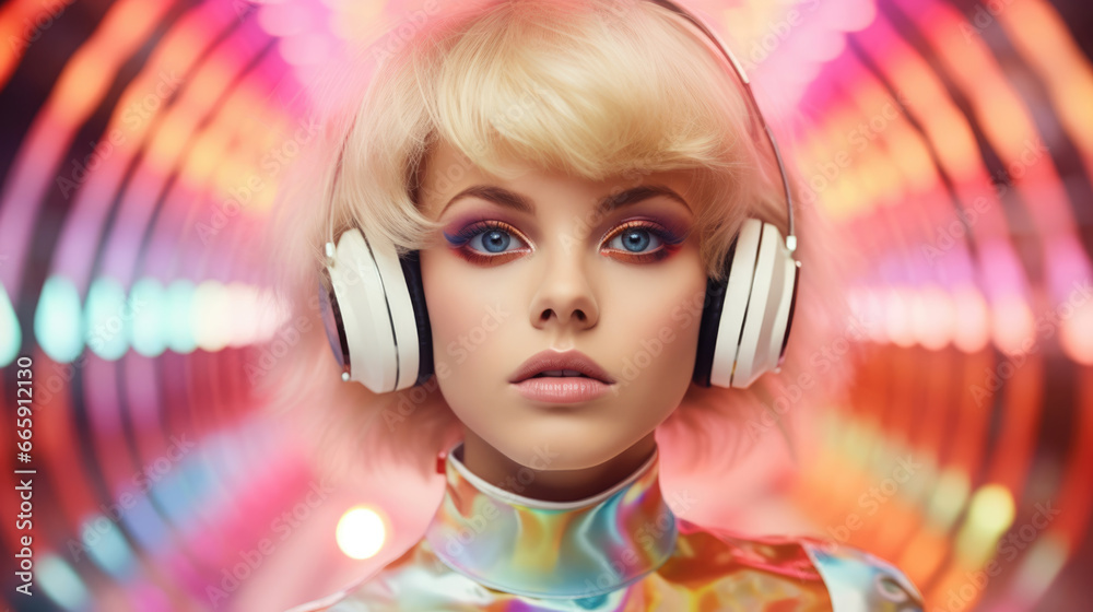 Fashion retro futuristic girl in surrealistic 60s70s disco club
