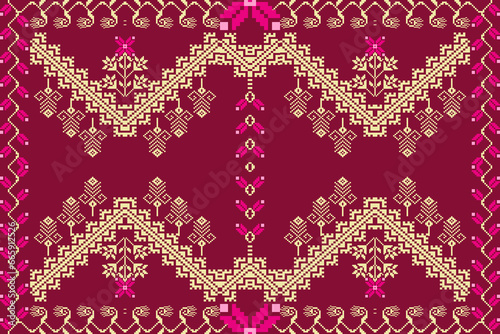 Ethnic pattern designs, ethnic pattern graphics, geometric shapes and flowers are used for weaving ,rug, wallpaper, clothing,fabric, embroidery style illustration, Ethnic abstract pixel art