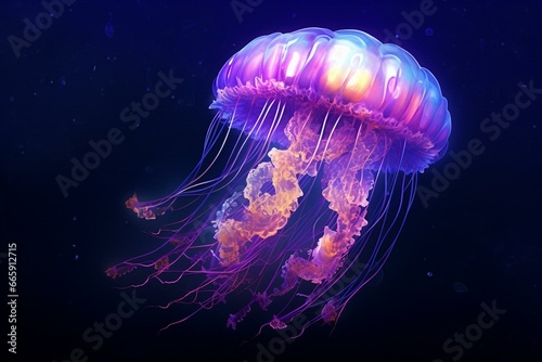Luminous jellyfish in deep sea. Ethereal, celestial ocean with surreal jellyfish. 3D art. Generative AI © Natalya