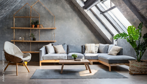 Sofa and lounge chair against grey wall with rustic shelves. Scandinavian home interior design of modern living room in attic
