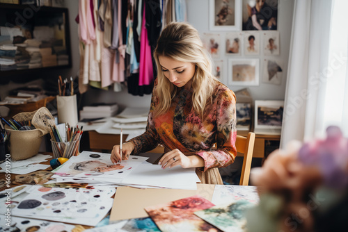 Fashion designer jotting down ideas for her business in a notebook