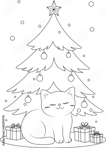 Coloring page a sleepy cat nestled by the Christmas tree. Christmas coloring book