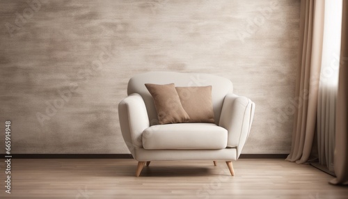 Cozy and modern living room with a white armchair, two brown pillows, a wooden floor, and a gray wall.