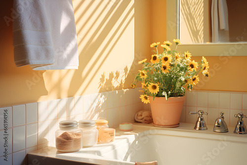 A bathroom with warm yellows  natural textures  and abundant sunlight. Modern fixtures add to the vibrant and revitalizing atmosphere