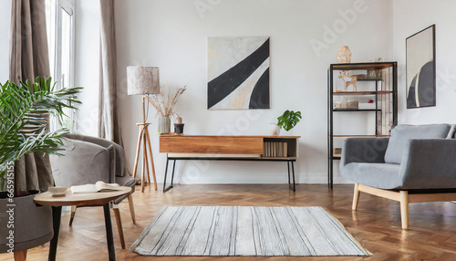 Stylish scandinavian living room with design furniture, plants, bamboo bookstand and wooden desk. Brown wooden parquet. Abstract painting on the white wall. Nice apartment photo