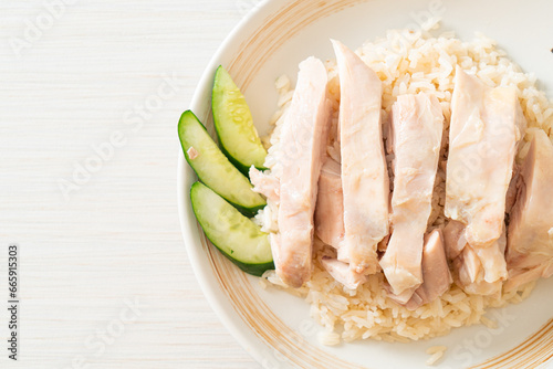 Photography Hainanese chicken rice or rice steamed with chicken soup