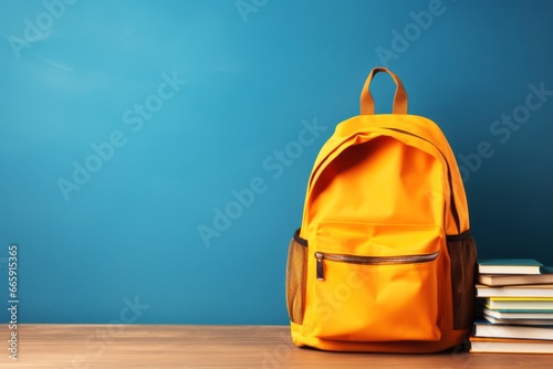 School backpack with stationery on blue background. Back to school concept 