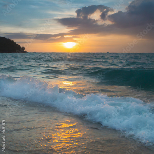 Sunsets over the Sea Waves Crash onto the Sandy Shores
