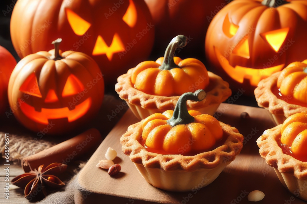 Mini pumpkin pies with jack o lanterns decoration Mini pumpkin pies with jack o lanterns decoration