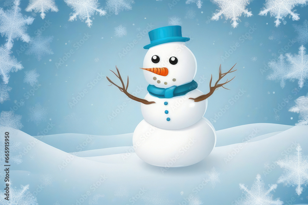 Snowman background with 3d falling snow
