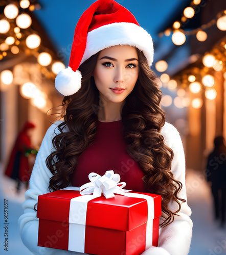 An image of a sexy woman with long curly hair wearing a Santa hat, holding a red Christmas gift box in a nighttime street filled with Christmas lights.