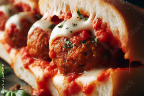 Meatball sub with tomato sauce and cheese