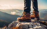 Close up of a man wearing trekking shoes is standing on the cliff with autumn mountains. 
