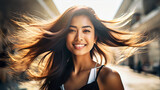 closeup photo portrait of a beautiful young asian indian female model woman shaking her beautiful hair in motion. ad for shampoo conditioner hair products on street City background. Generative AI 