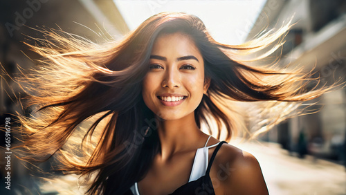 closeup photo portrait of a beautiful young asian indian female model woman shaking her beautiful hair in motion. ad for shampoo conditioner hair products on street City background. Generative AI 