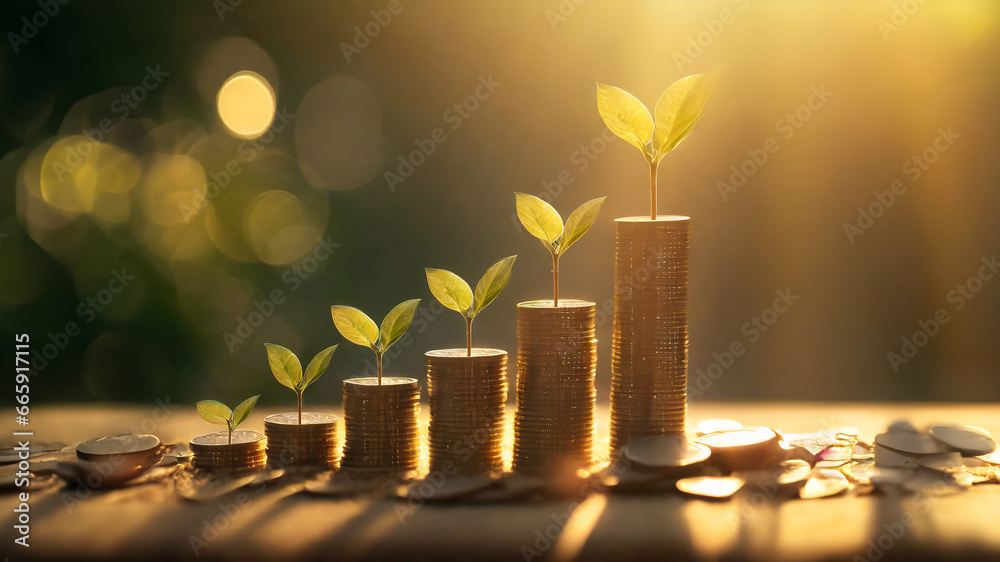 coins with money growing plant concept finance and banking. concept interest rates and dividends ,investment growth percentage and interest on deposits. Generative AI. - obrazy, fototapety, plakaty 