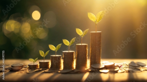 coins with money growing plant concept finance and banking. concept interest rates and dividends ,investment growth percentage and interest on deposits. Generative AI. photo