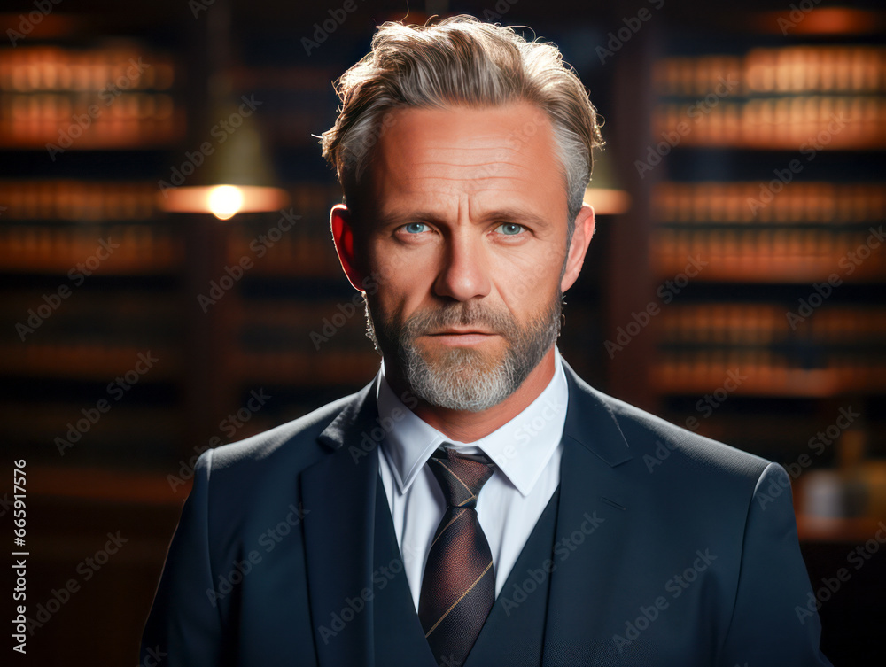 Portrait of a handsome mature lawyer man in a suit. Generative AI Portrait of a handsome mature lawyer man in a suit. Generative AI