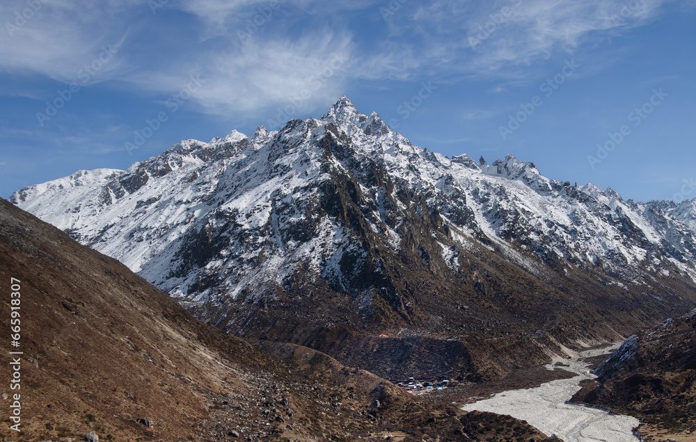 Beautiful landscape mountain view from Khambachen. Kanchenjunga trek. 