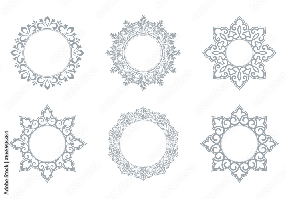 Set of decorative frames Elegant vector element for design in Eastern style, place for text. Floral gray and white borders. Lace illustration for invitations and greeting cards Set of decorative frames Elegant vector element for design in Eastern style, place for text. Floral gray and white borders. Lace illustration for invitations and greeting cards