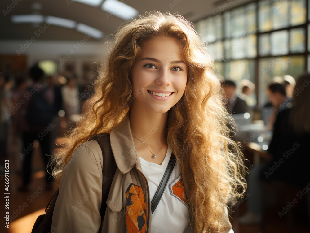 Portrait of a beautiful young woman with long wavy blond hair. Generative AI
