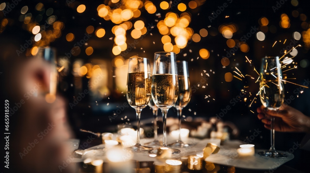 Vibrant nighttime celebration: joyful faces, champagne toasts, bokeh, and fireworks." (200 characters - obrazy, fototapety, plakaty 