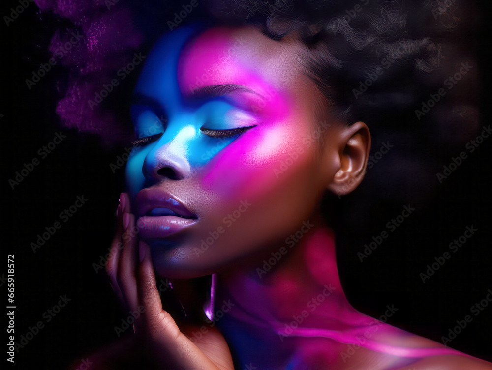 Fashion portrait of beautiful african american woman with neon makeup. Generative AI