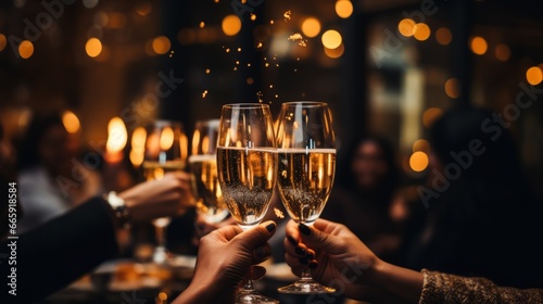 Vibrant nighttime celebration  joyful faces  champagne toasts  bokeh  and fireworks.   200 characters