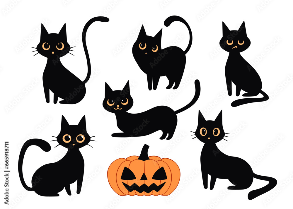 Set of various black cat silhouettes in different poses and emotions around an orange jack-o-lantern pumpkin, funny cartoon style, vector art