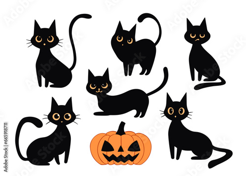 Fototapeta Naklejka Na Ścianę i Meble -  Set of various black cat silhouettes in different poses and emotions around an orange jack-o-lantern pumpkin, funny cartoon style, vector art