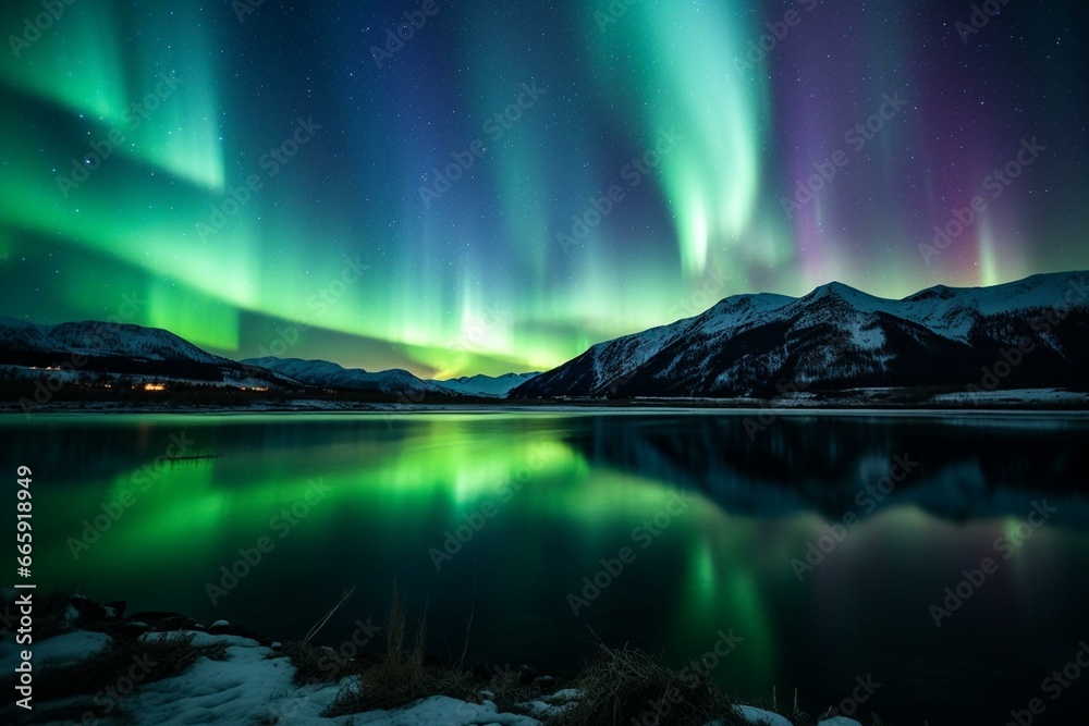 Chilly night, vibrant aurora, lake and mountains. Generative AI