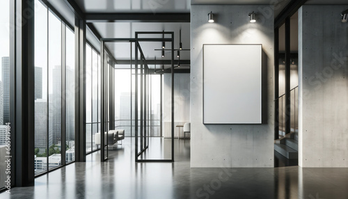 Modern loft office interior with empty poster on wall. Mockup. Generative AI photo
