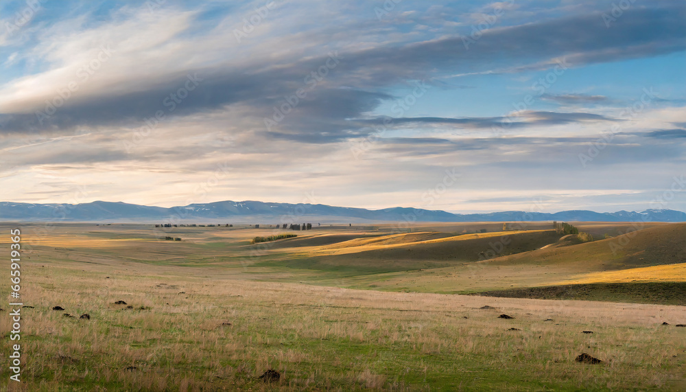 Naklejka premium Under the Vast Open Sky A Landscape of Endless Grasslands and Boundless Sky